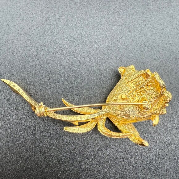 Gold-Toned Rose Brooch Pin Textured Metal Flower Design Signed Vintage Costume J - Picture 3 of 7